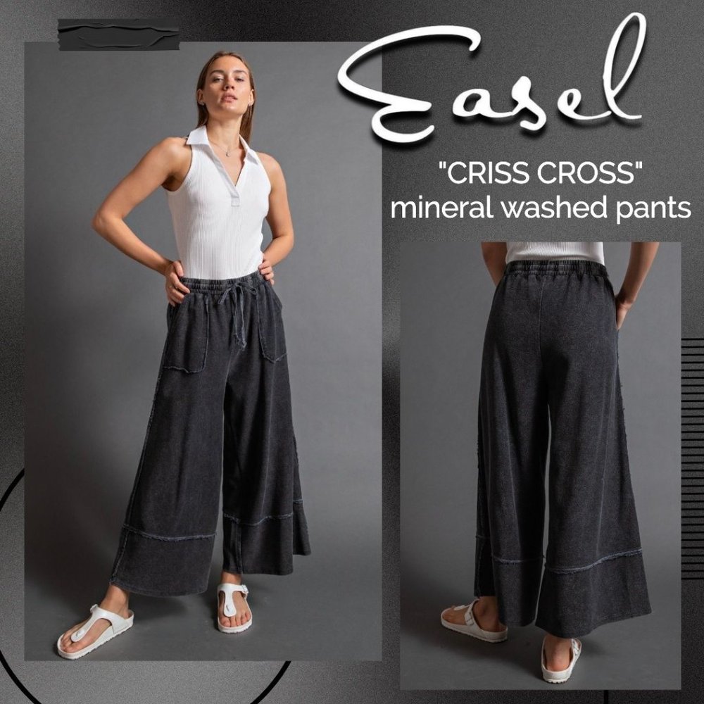 EASEL "Criss Cross" Cotton Mineral Washed Flared Wide Cropped Leg Palazzo Pants